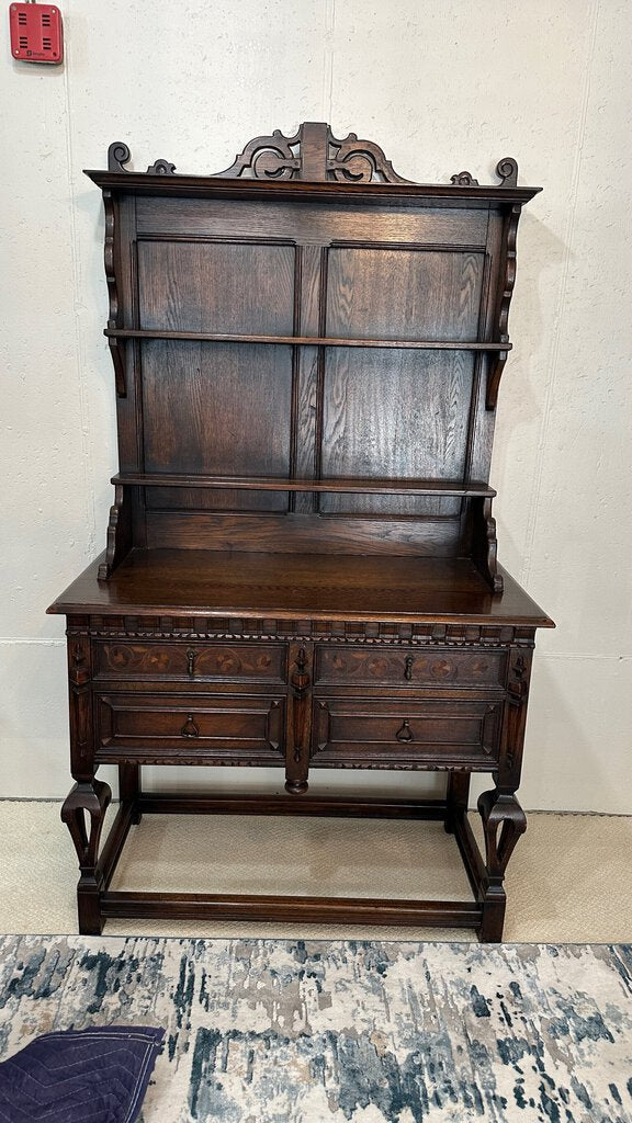 Custom Vintage English Walnut with Inlay China Hutch, Circa 1928