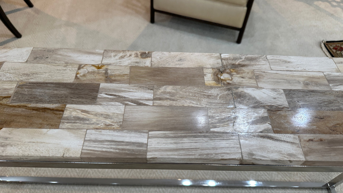 Palecek Mosaic Industrial Loft Petrified Wood Cream Slim Console Table