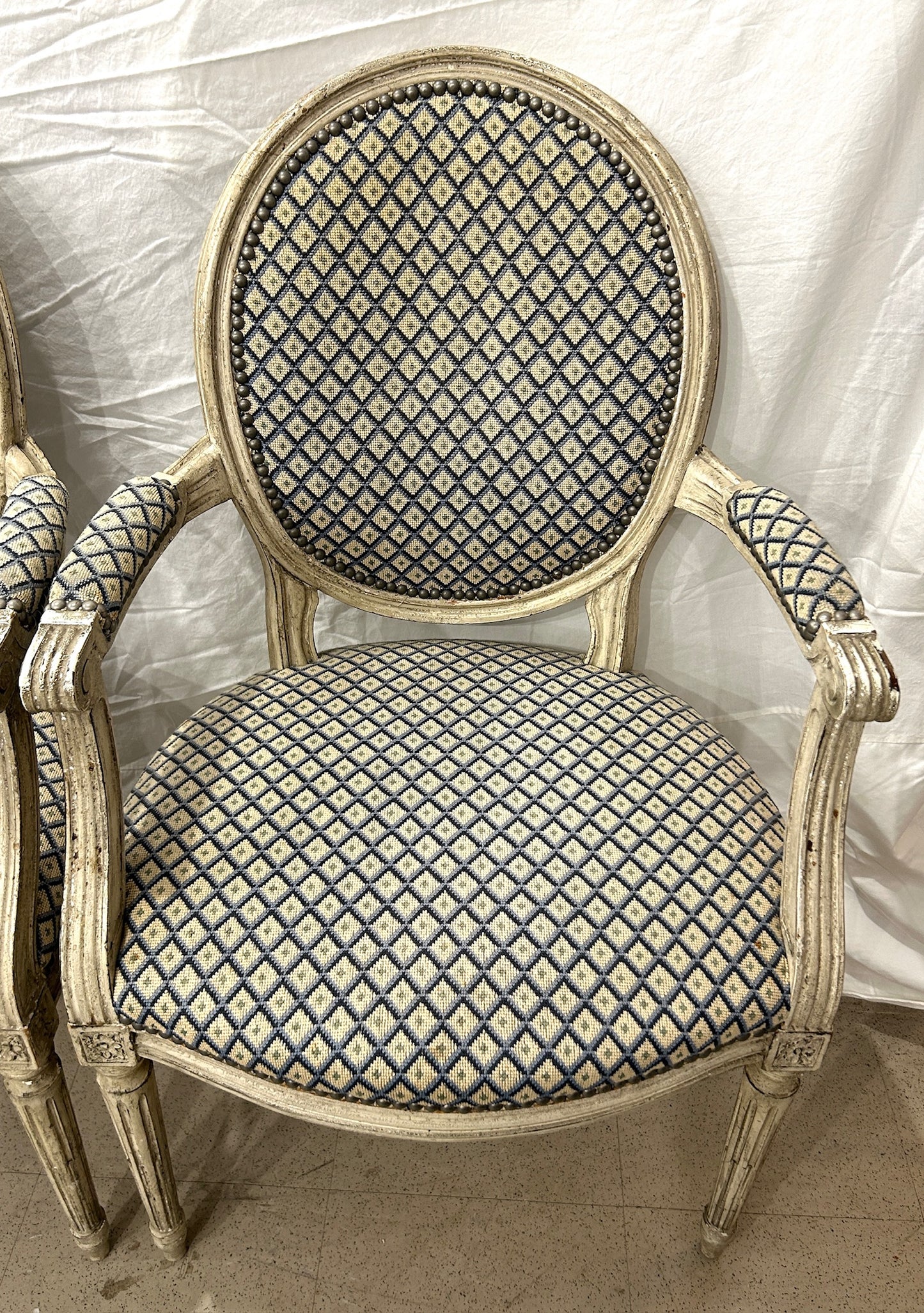 VERY RARE! Pair of Louis XVI Period Painted Fauteuils with Hand Needlepoint Upholstery, France Circa 1770
