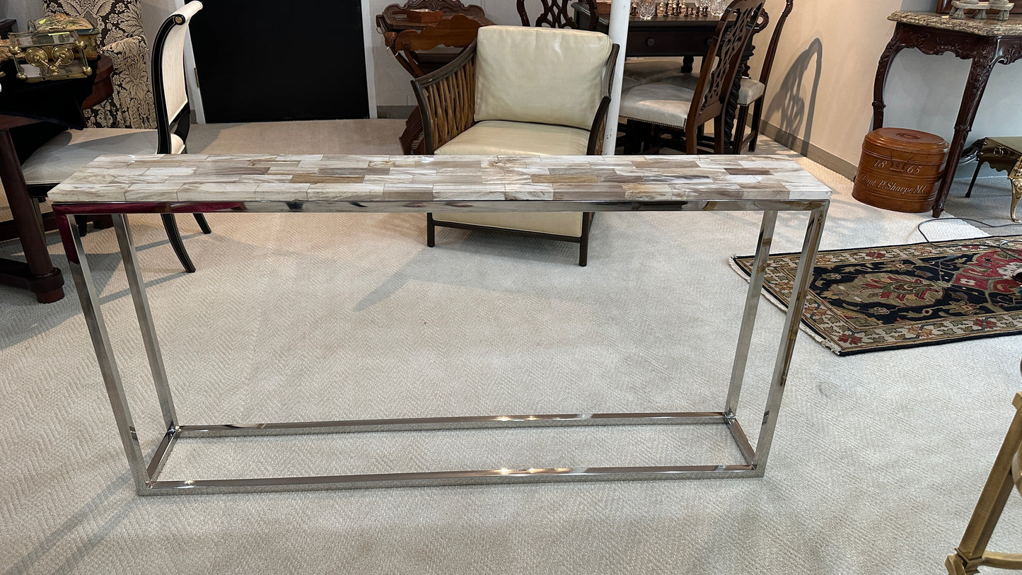 Palecek Mosaic Industrial Loft Petrified Wood Cream Slim Console Table