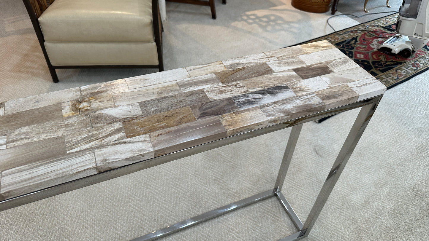 Palecek Mosaic Industrial Loft Petrified Wood Cream Slim Console Table