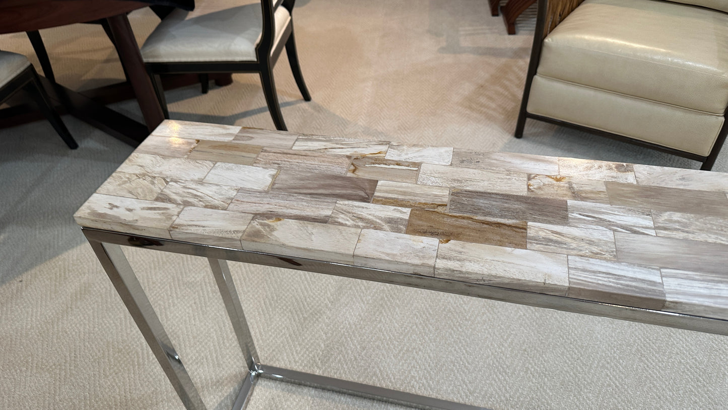 Palecek Mosaic Industrial Loft Petrified Wood Cream Slim Console Table
