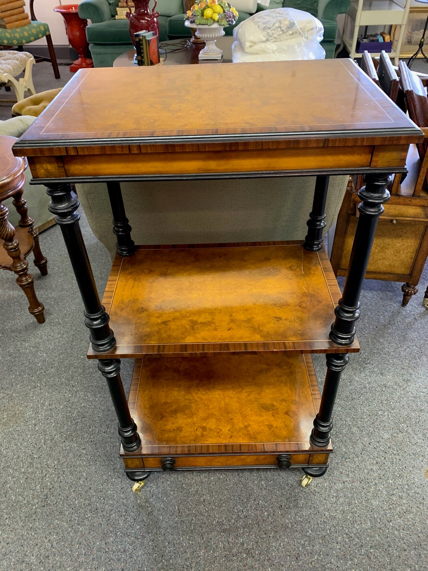 Italian Burled Wood and Black Triple Shelf