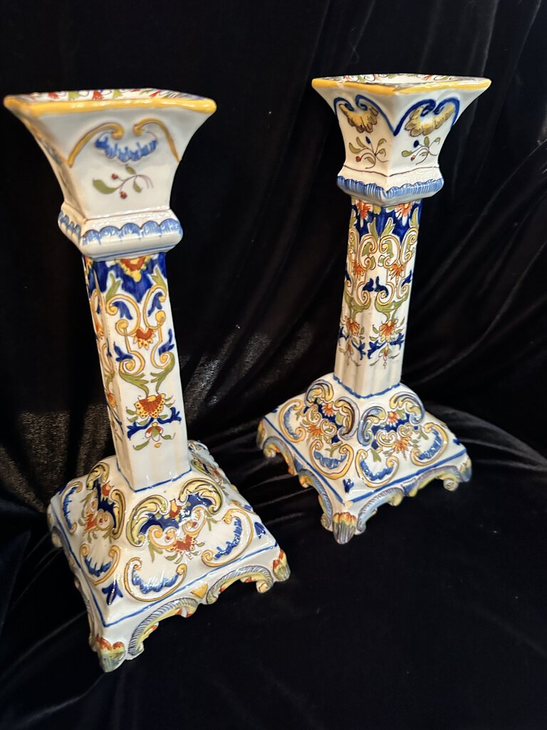 1880 Pair Rouen Fourmaintraux Freres Desevres French Faience Large Candlesticks