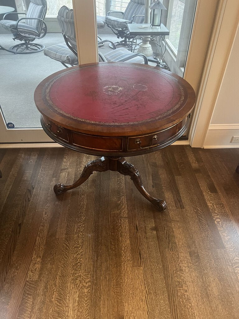 Vintage Chippendale Style Accent Table with Red Leather Top