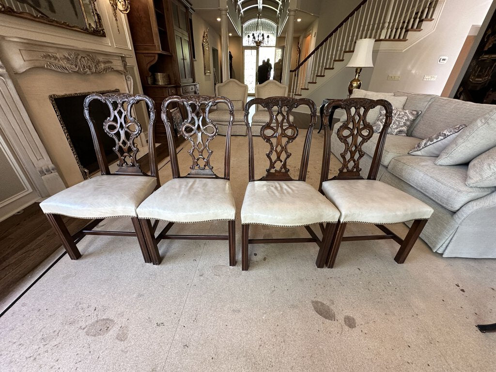 Set of 4 Chippendale Style Dining Chairs with Leather Seats