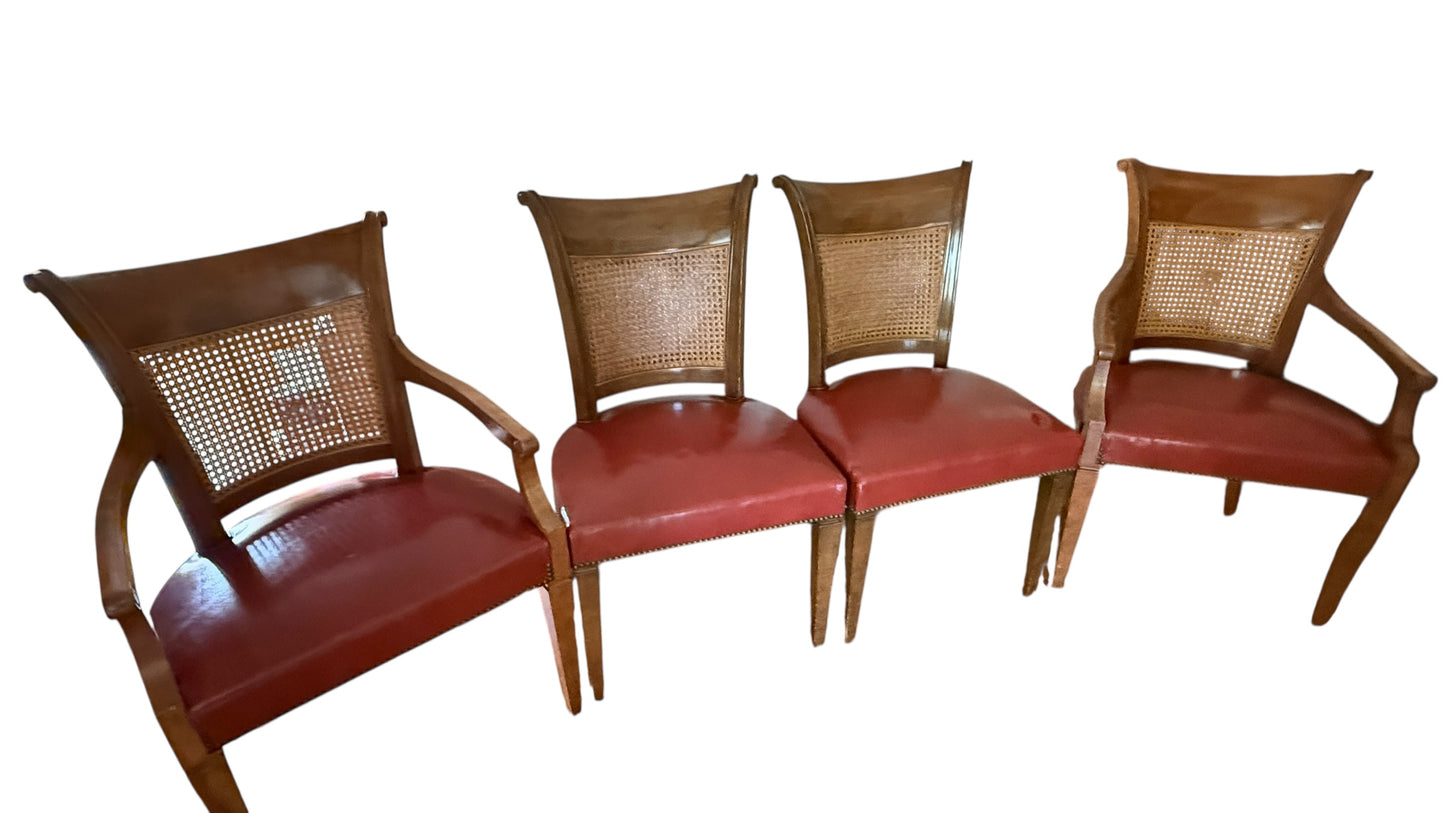 Set of 4 Vintage Cane and Leather Baker Furniture Dining Chairs