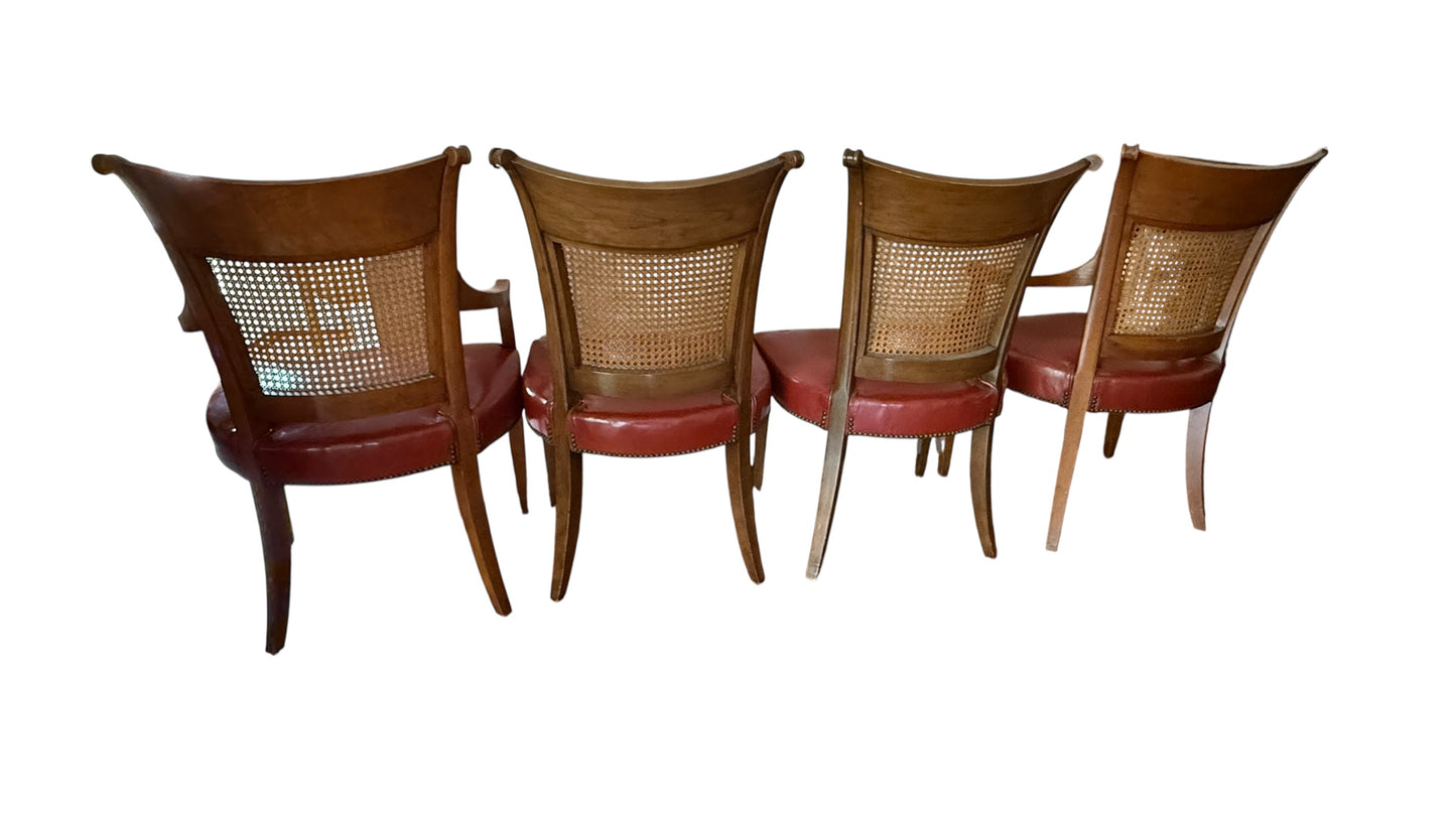 Set of 4 Vintage Cane and Leather Baker Furniture Dining Chairs