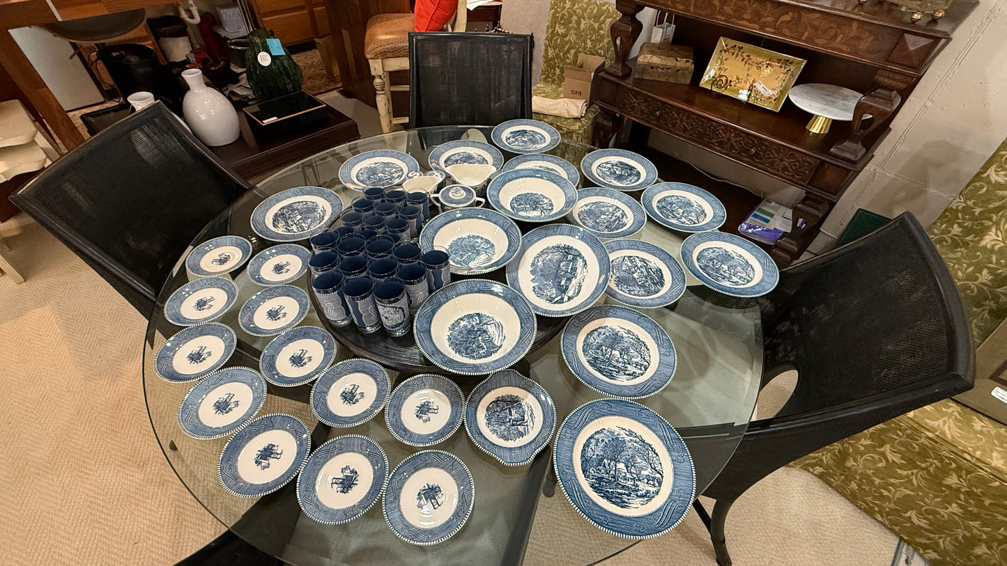 Large Collection of Currier & Ives Vintage Dish Set, With Glasses