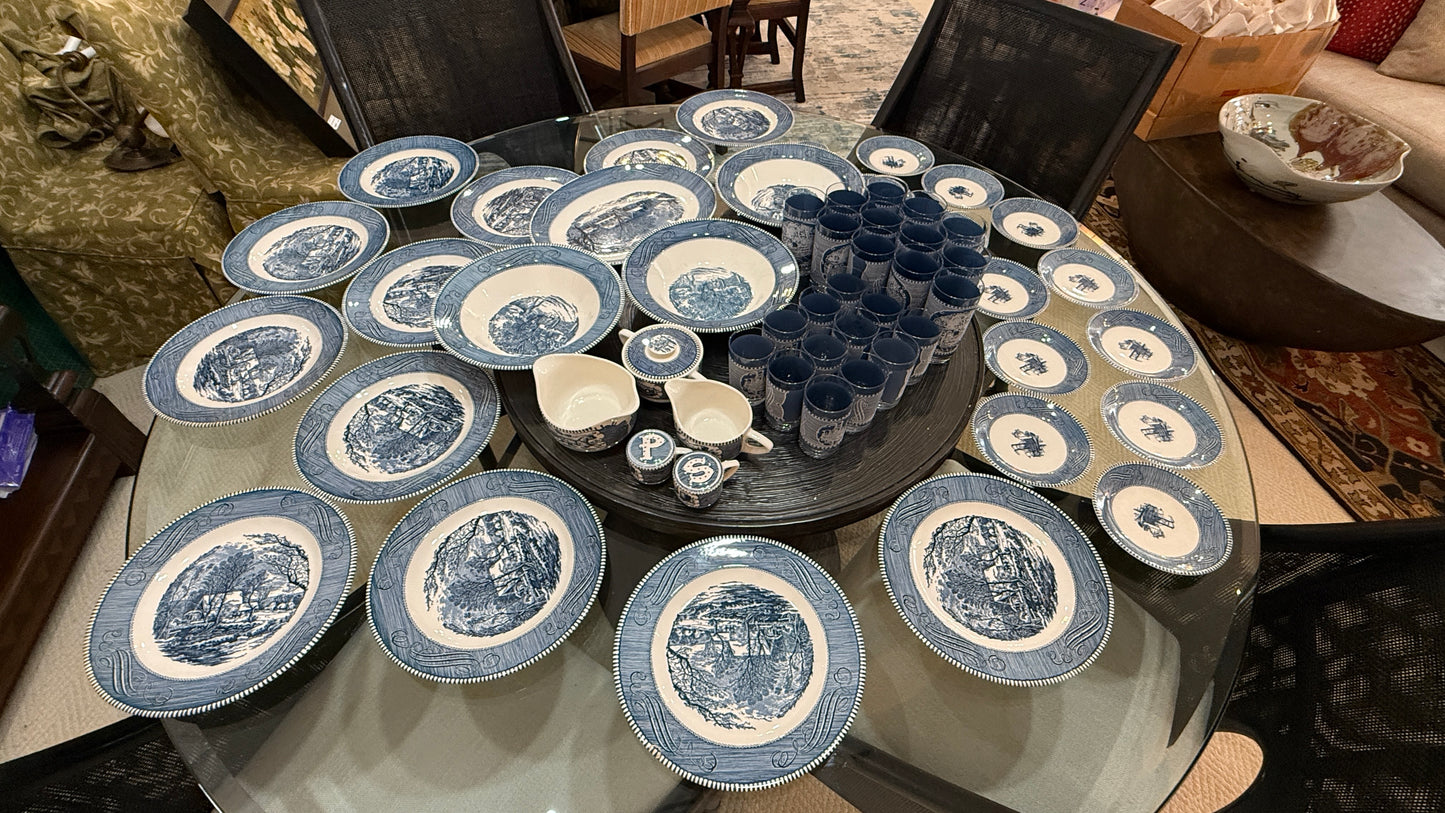 Large Collection of Currier & Ives Vintage Dish Set, With Glasses