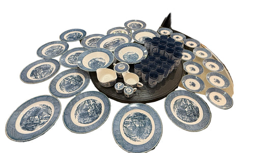 Large Collection of Currier & Ives Vintage Dish Set, With Glasses