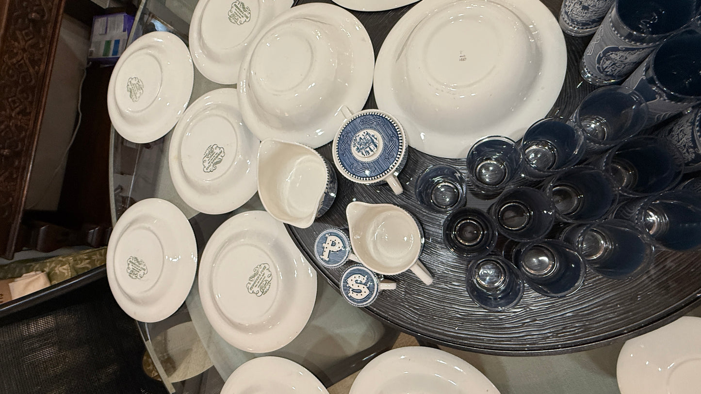 Large Collection of Currier & Ives Vintage Dish Set, With Glasses
