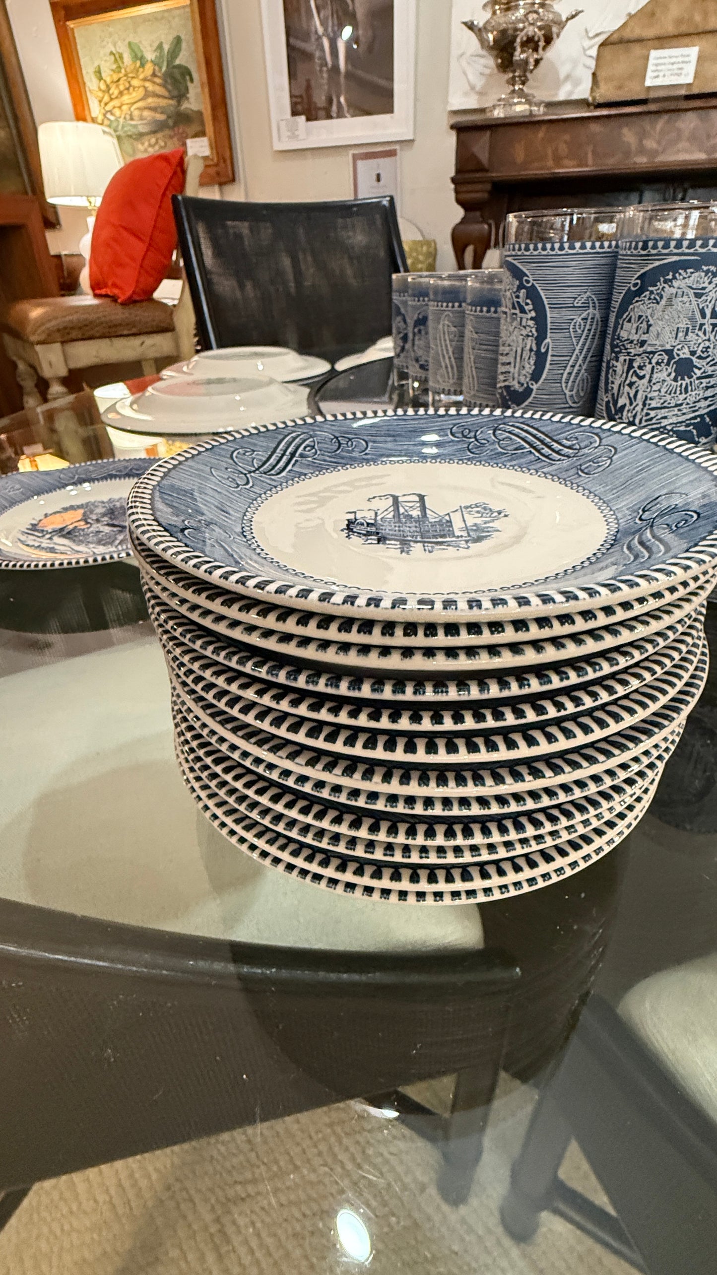 Large Collection of Currier & Ives Vintage Dish Set, With Glasses