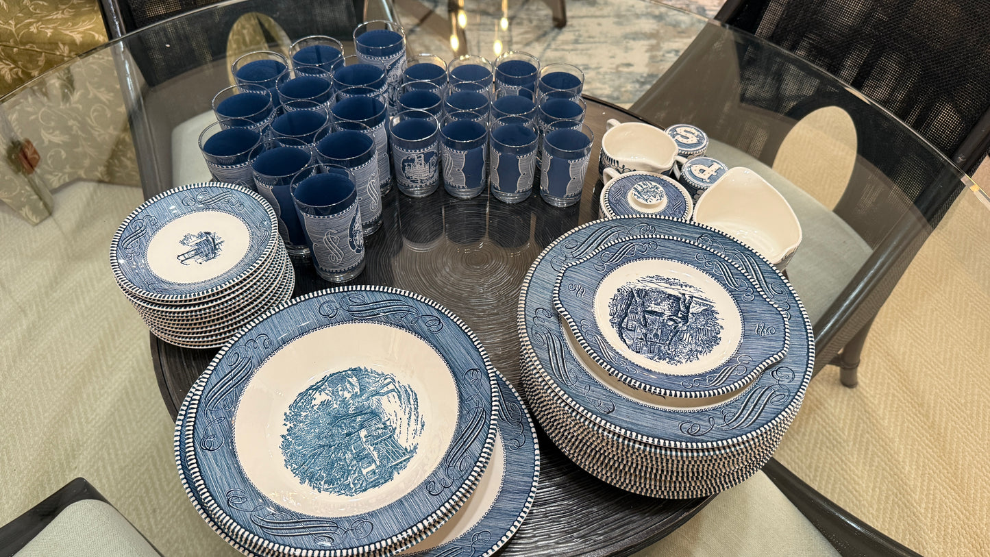 Large Collection of Currier & Ives Vintage Dish Set, With Glasses