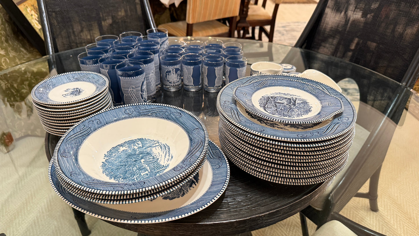 Large Collection of Currier & Ives Vintage Dish Set, With Glasses