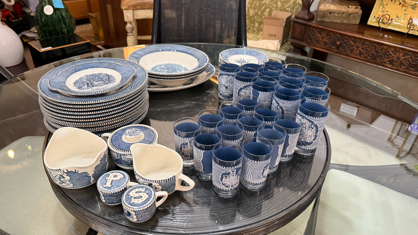 Large Collection of Currier & Ives Vintage Dish Set, With Glasses
