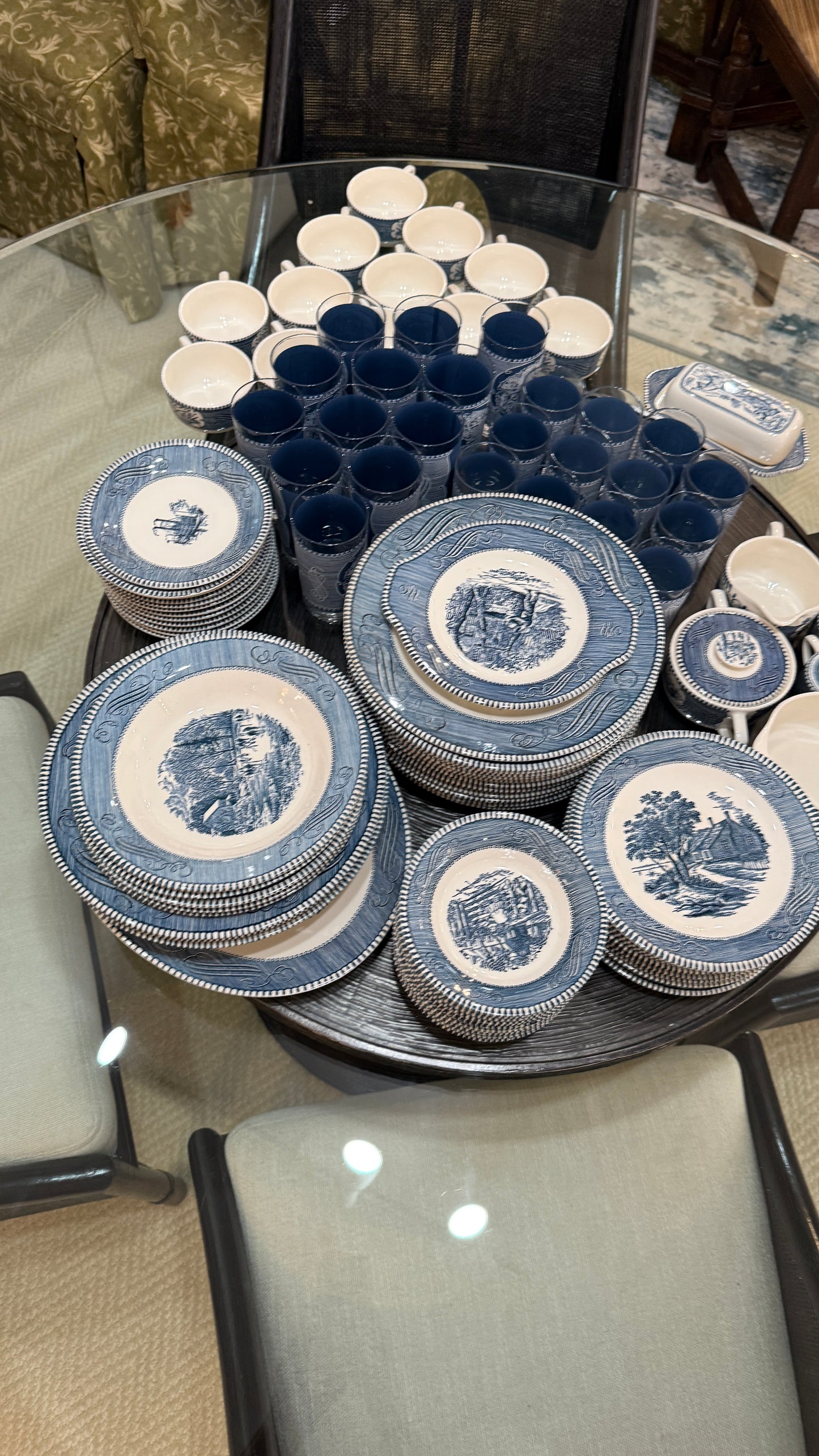Large Collection of Currier & Ives Vintage Dish Set, With Glasses
