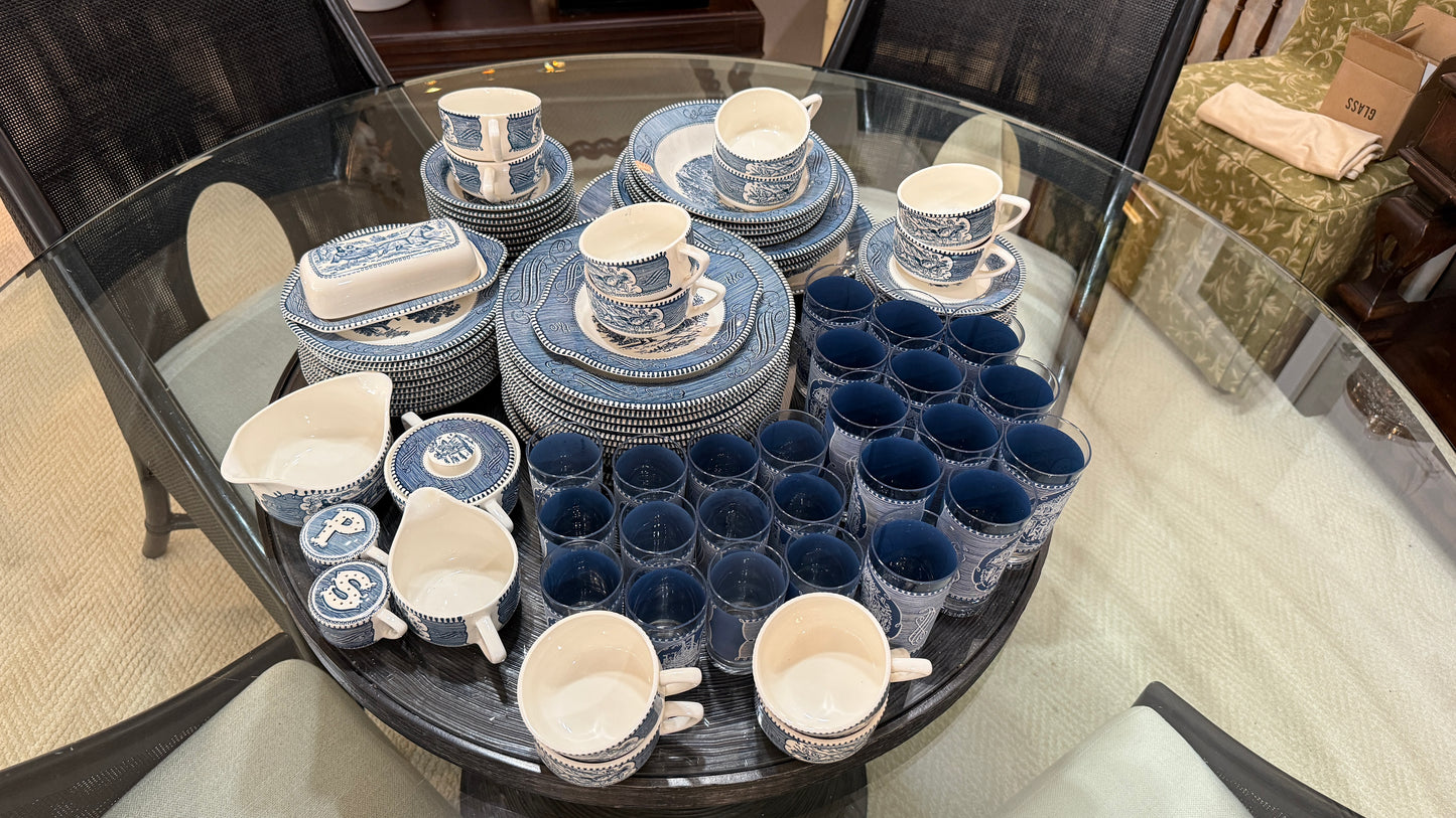 Large Collection of Currier & Ives Vintage Dish Set, With Glasses