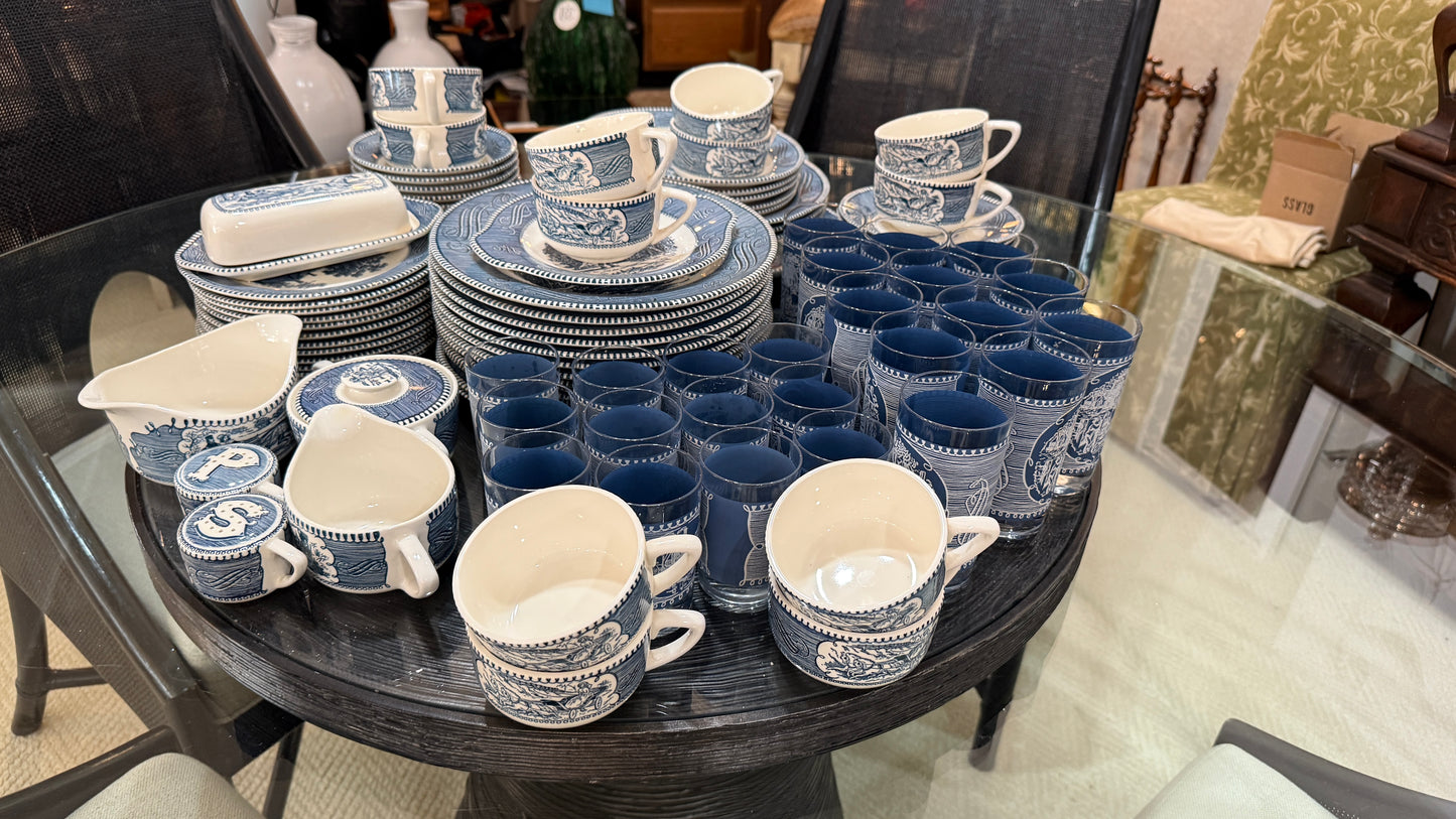 Large Collection of Currier & Ives Vintage Dish Set, With Glasses