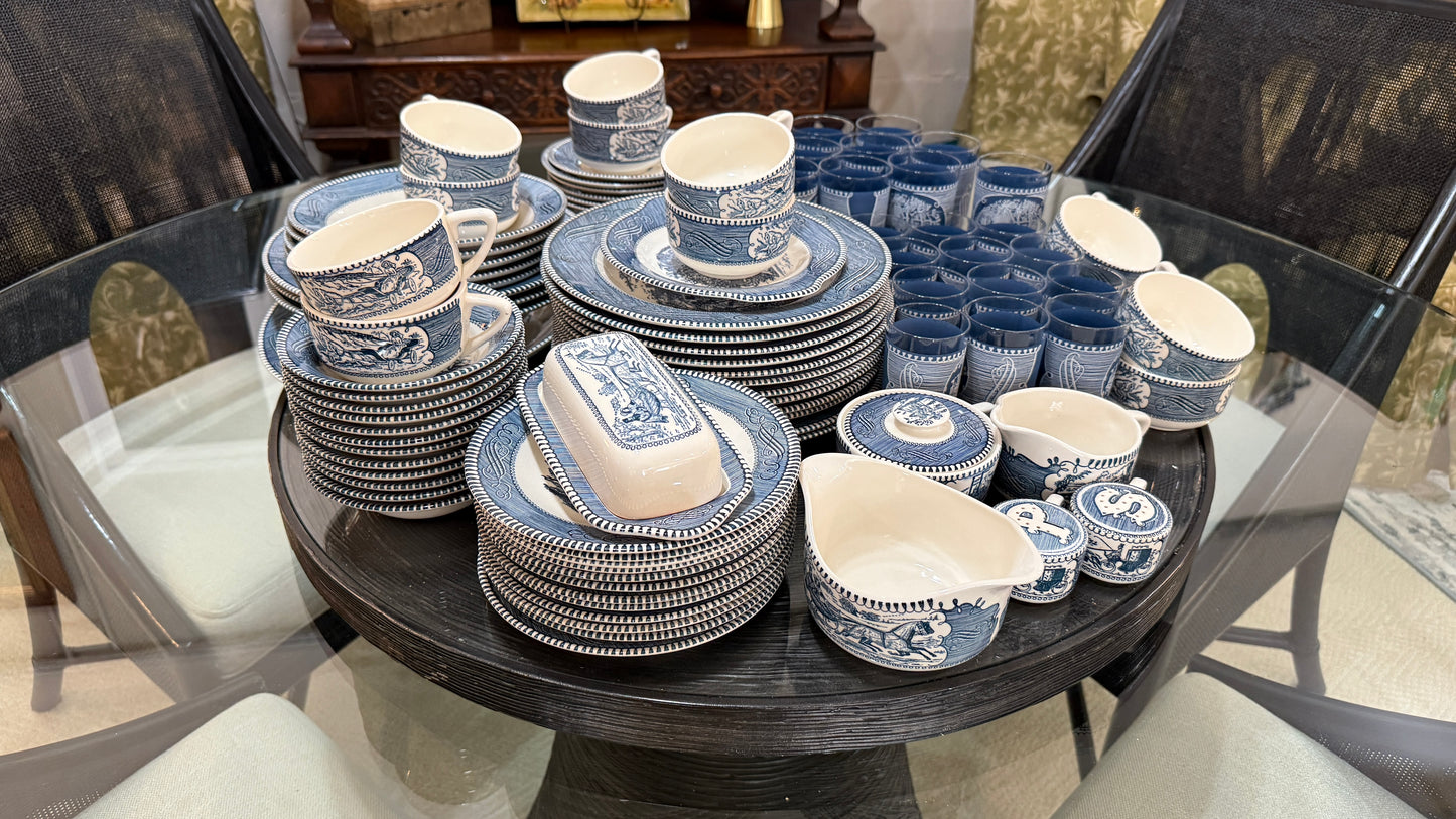 Large Collection of Currier & Ives Vintage Dish Set, With Glasses