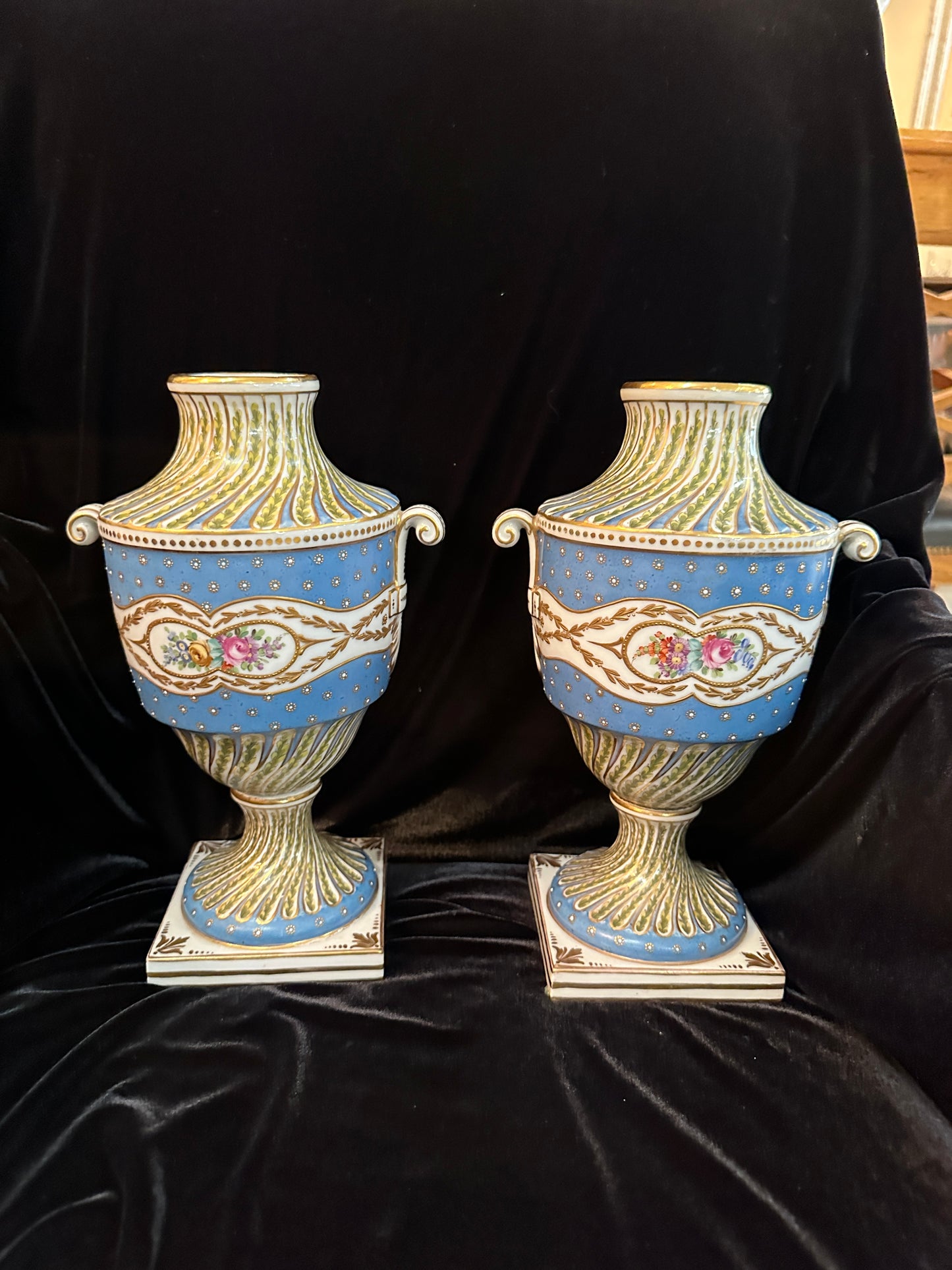 Pair of Sevres France Porcelain Hand Painted Twin Handled Urns, late 19th Century
