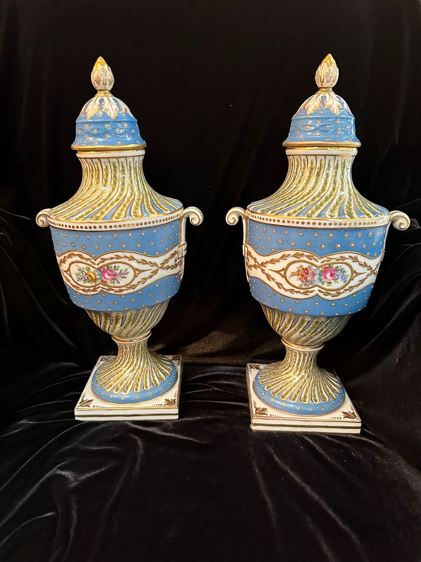 Pair of Sevres France Porcelain Hand Painted Twin Handled Urns, late 19th Century