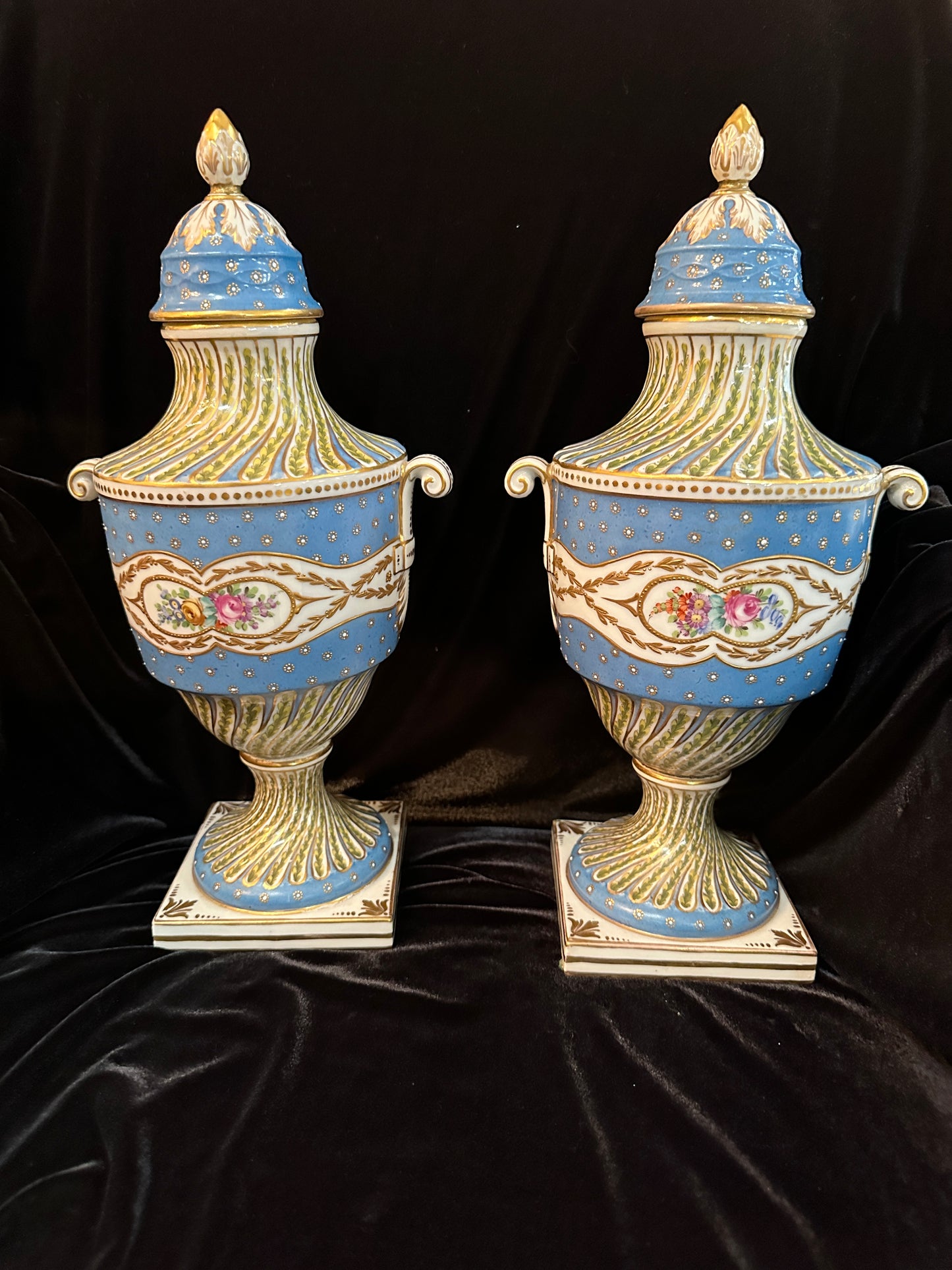 Pair of Sevres France Porcelain Hand Painted Twin Handled Urns, late 19th Century