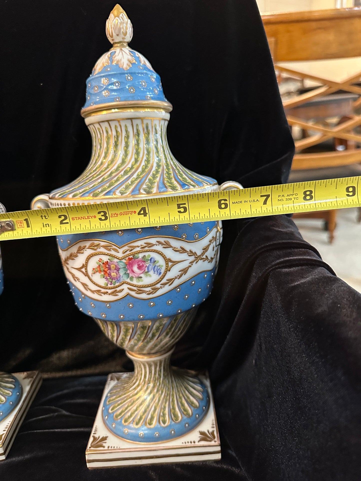 Pair of Sevres France Porcelain Hand Painted Twin Handled Urns, late 19th Century