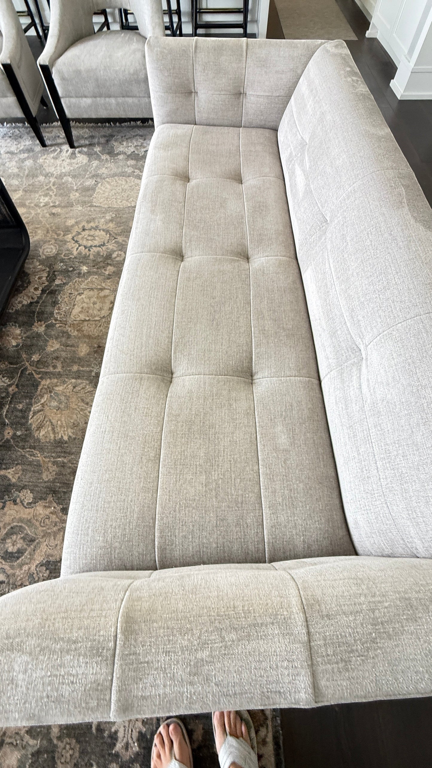 Grand Expressions Gallery and Home Store Baker Paris Loveseat in beige fabric with modern single stitch detailing.