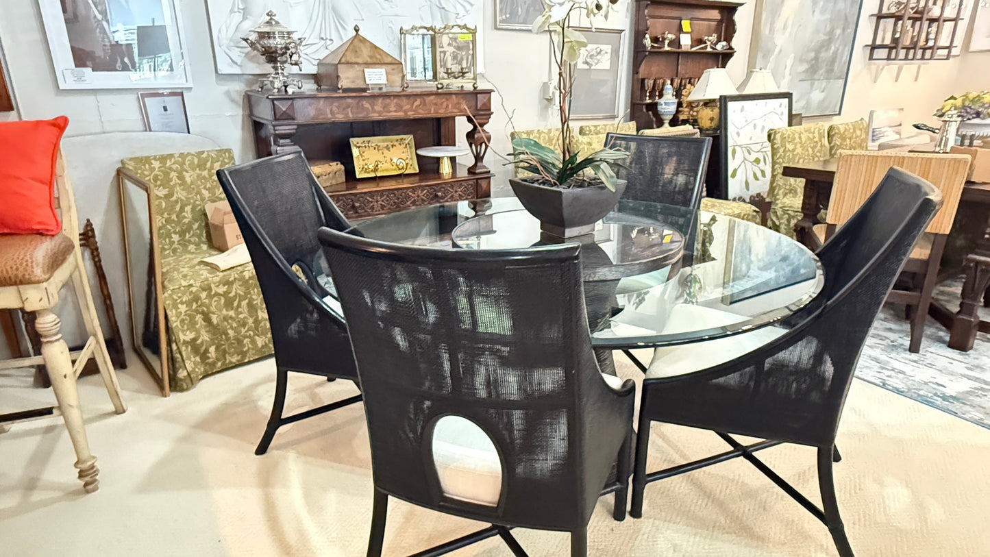 Set of 4 Barbara Barry for McGuire M-261 caned armchairs with dark tobacco rattan frames and ecru linen seats.