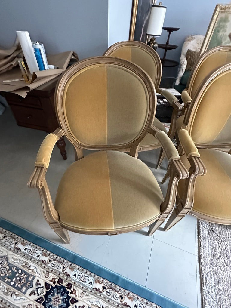 Grand Expressions Gallery and Home Store set of 2 French Provincial mohair dining chairs in split gold and green.