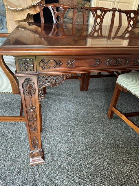 Grand Expressions Gallery and Home Store vintage Asian style Kindel Furniture dining table with intricate wood carvings