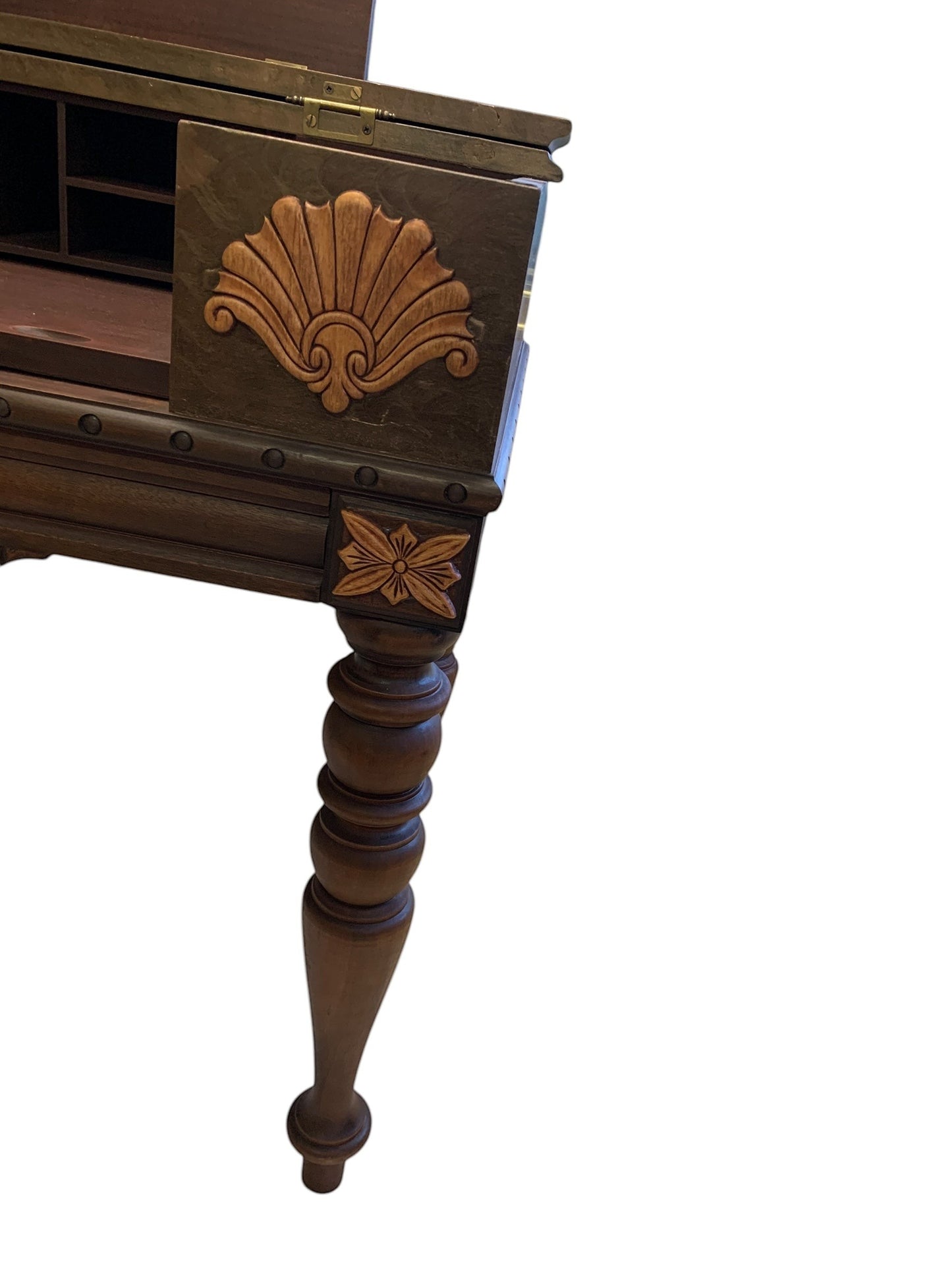 Grand Expressions Gallery and Home Store vintage Edwardian walnut spinet desk with ornate carved shell detail.