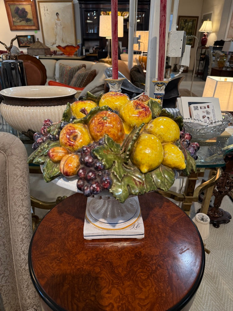 Vintage Round Italian Colorful Hand Painted Ceramic Majolica Fruit Basket with Lid