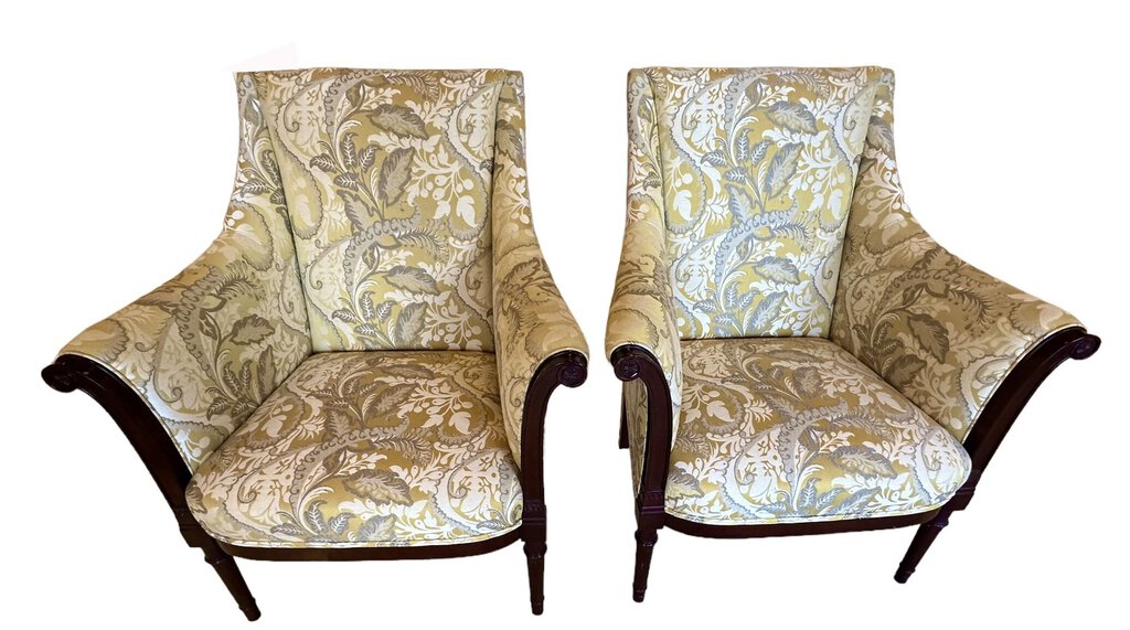 Yellow, Grey, and White Floral Accent Chairs with Wood Trim by Kindel Furniture