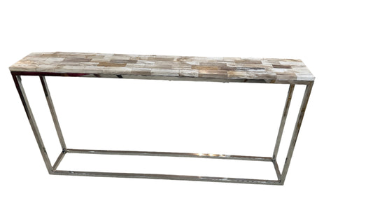 Palecek Mosaic Industrial Loft Petrified Wood Cream Slim Console Table