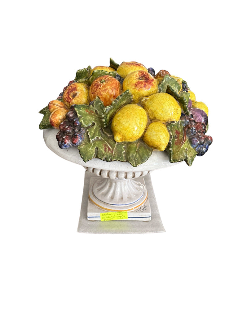 Vintage Round Italian Colorful Hand Painted Ceramic Majolica Fruit Basket with Lid