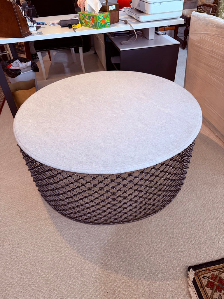 White Granite-top Round Coffee Table with Metal Mesh Base