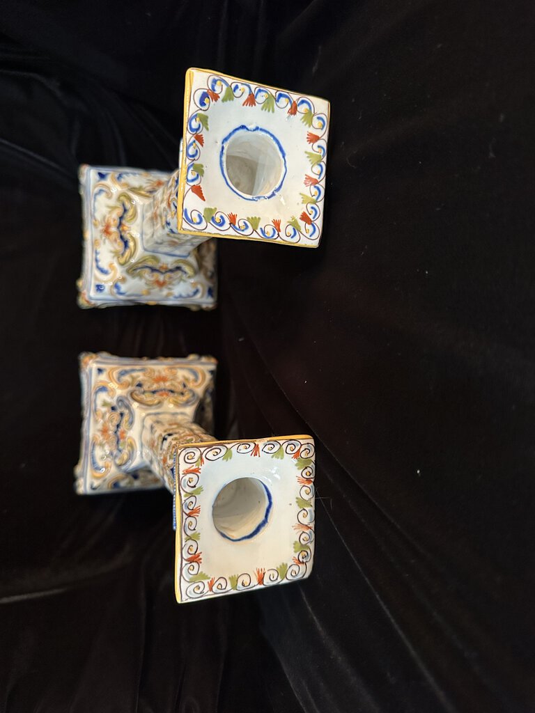 1880 Pair Rouen Fourmaintraux Freres Desevres French Faience Large Candlesticks