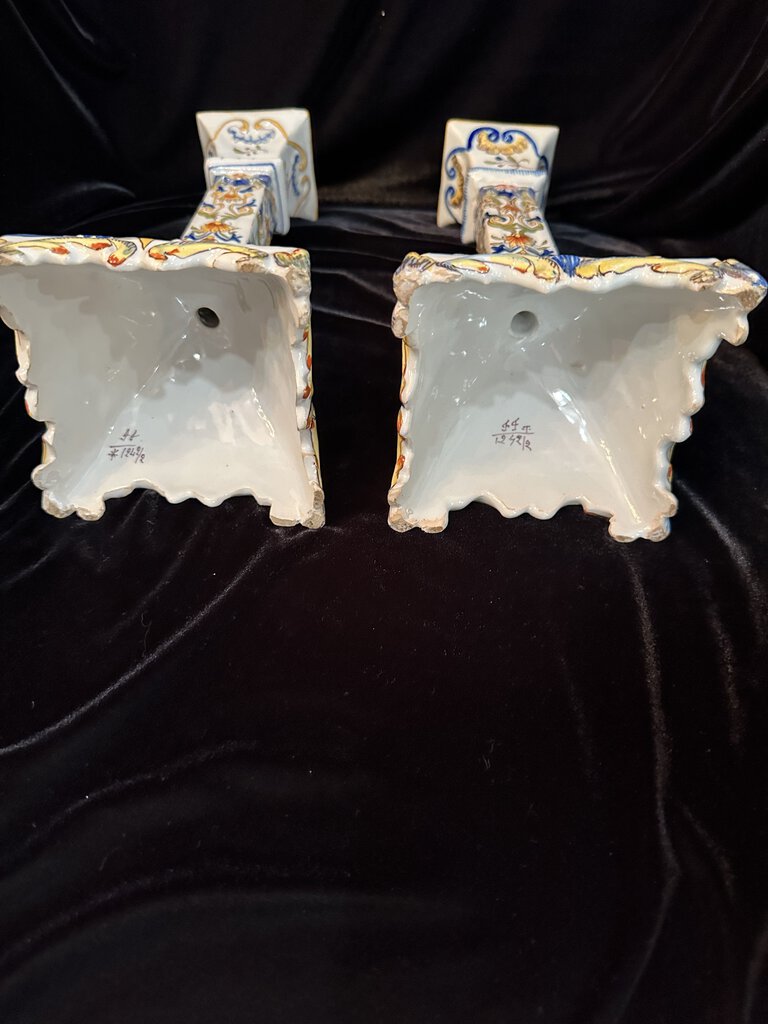 1880 Pair Rouen Fourmaintraux Freres Desevres French Faience Large Candlesticks