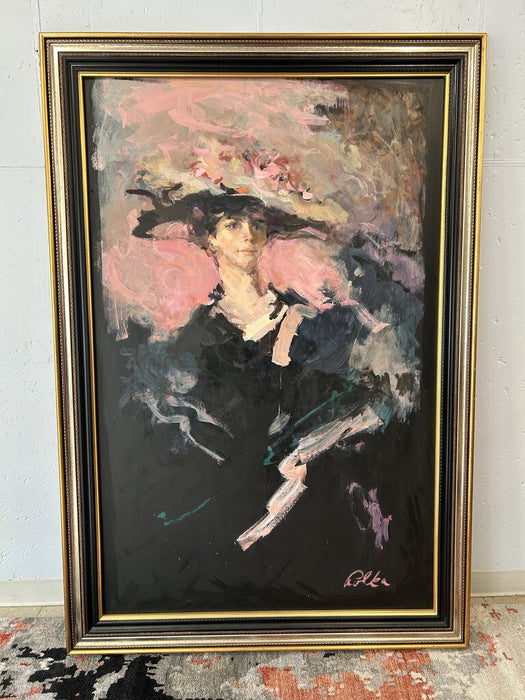 Woman In Black With A Pink Flower Hat Oil Painting - By Artist John Polka