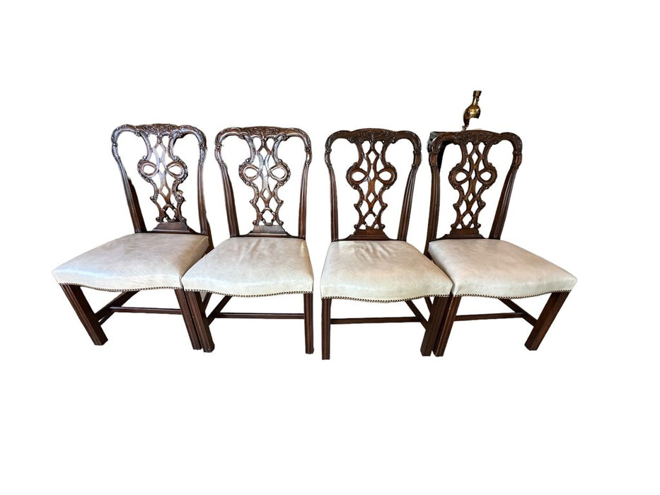 Set of 4 Chippendale Style Dining Chairs with Leather Seats