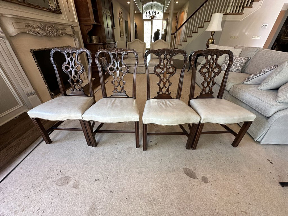 Set of 4 Chippendale Style Dining Chairs with Leather Seats