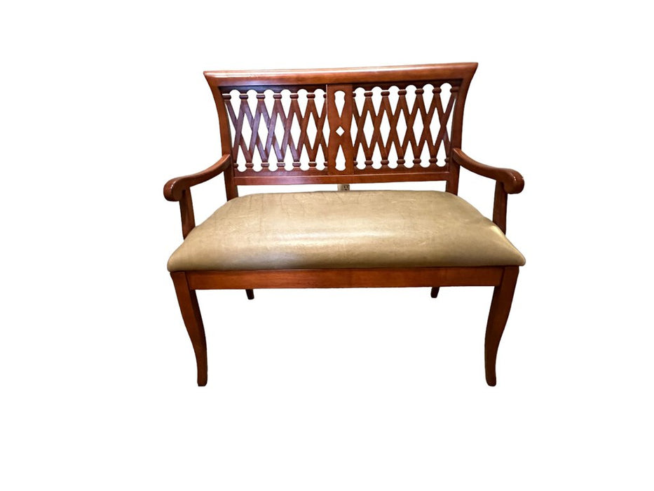 Wood and Leather Lattice-back Bench