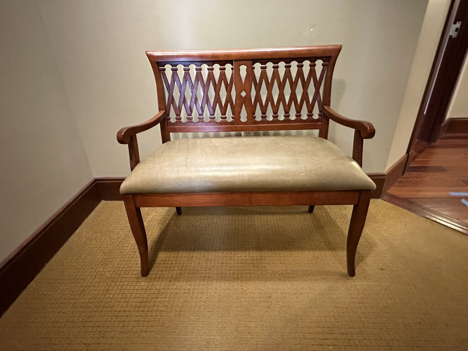 Wood and Leather Lattice-back Bench