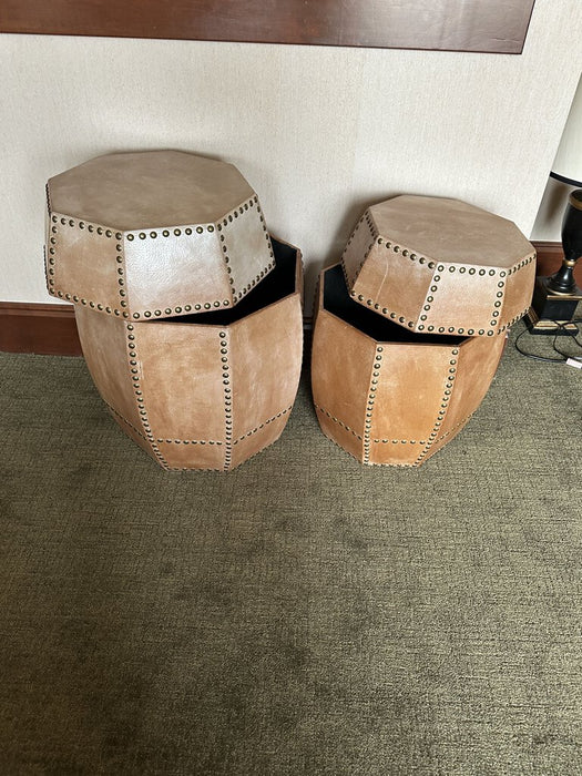 Set of 2 Leather and Nail-Head Storage Table
