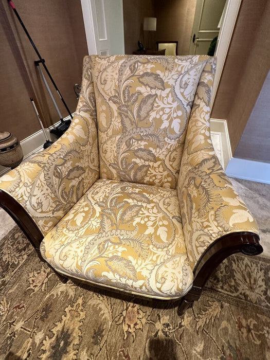 Yellow, Grey, and White Floral Accent Chairs with Wood Trim by Kindel Furniture