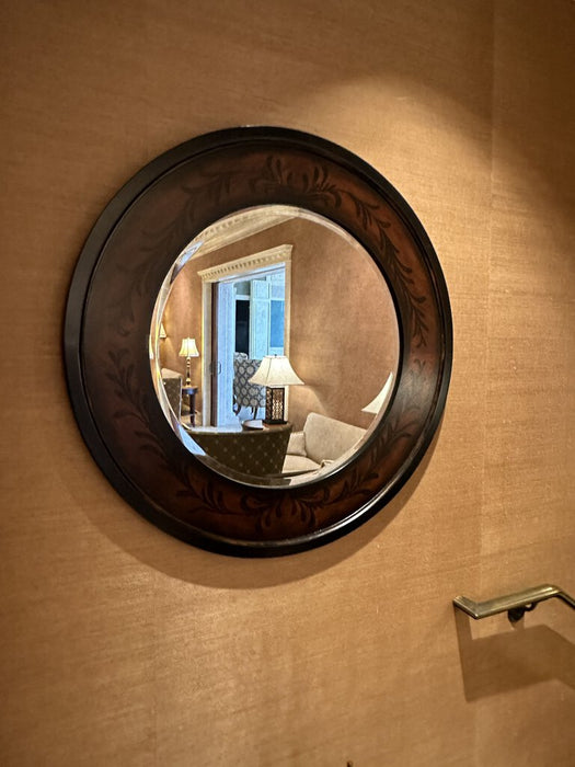 Round Wood Mirror With Leaf Print