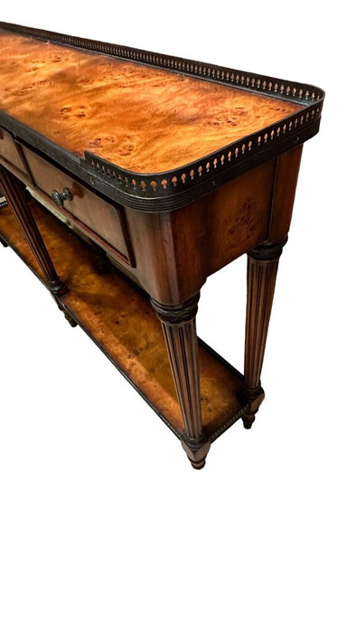 Beautiful Console With Burled Wood and Metal Trim Table