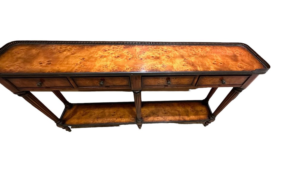 Beautiful Console With Burled Wood and Metal Trim Table